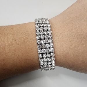 Sparkling 4-Row Rhinestone Stretch Bracelet Silver-Tone Prom Bridal Formal